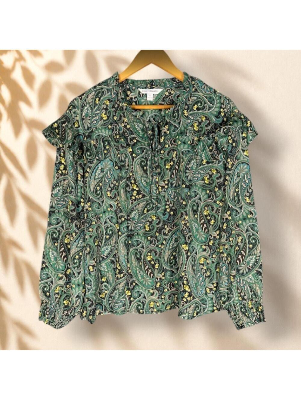 Counterparts Blouse Women M Medium Green Paisley Tasseled Long Sleeve Casual